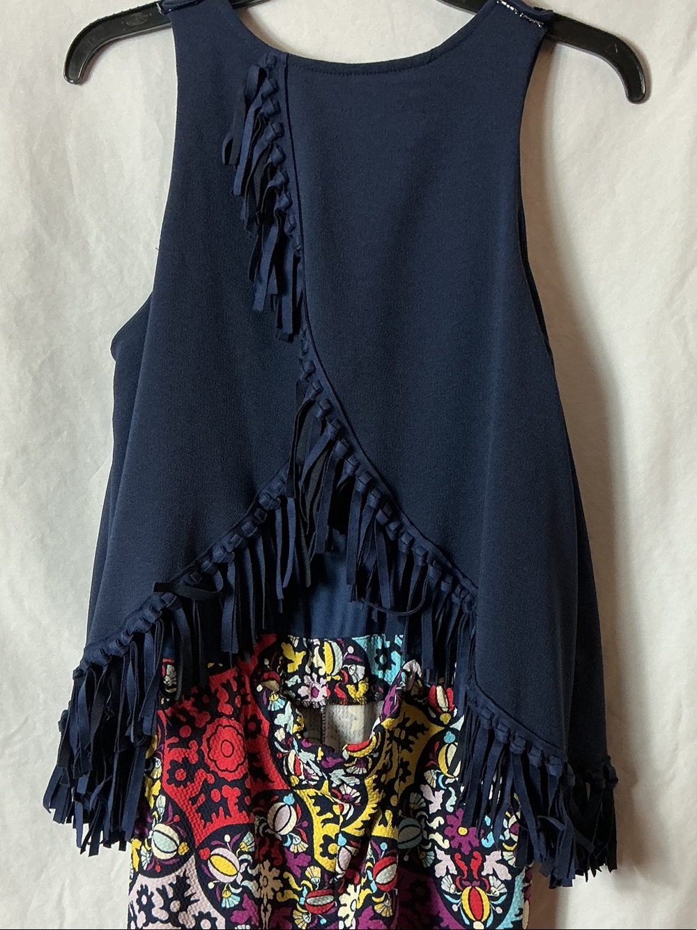 Judith March Navy Fringe Tank with Multicolor Patterned Palazzo Jumpsuit